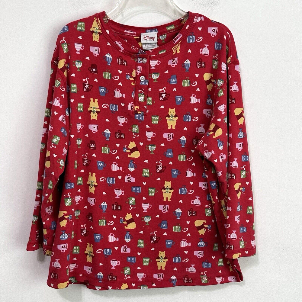 Disney Winnie‎ The Pooh Top Henley M Red Coffee Morning Comfy PJ Shirt Long Slv